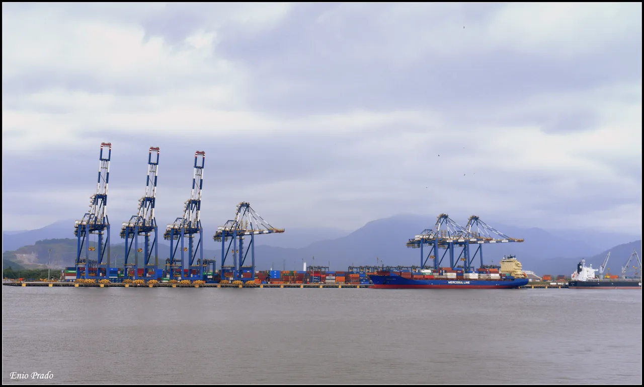 Guindastes e navio de contêineres no Porto de Santos
