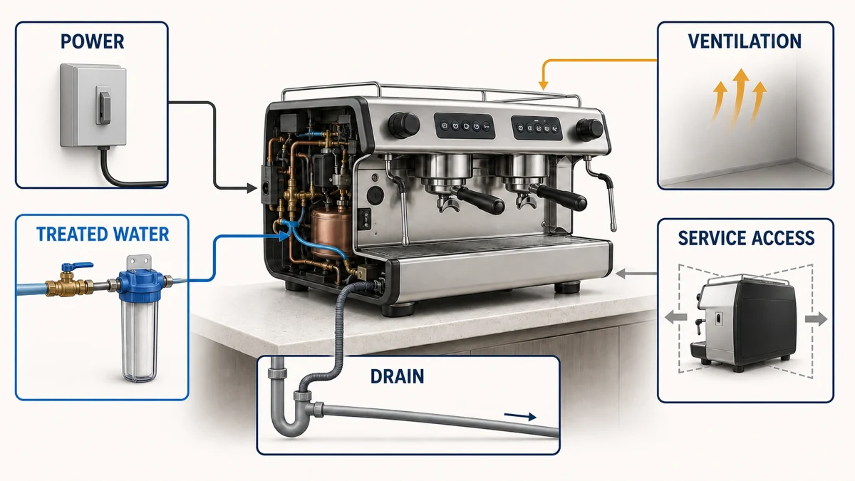 Commercial espresso machine site-readiness diagram showing power, treated water, drain, ventilation and service access