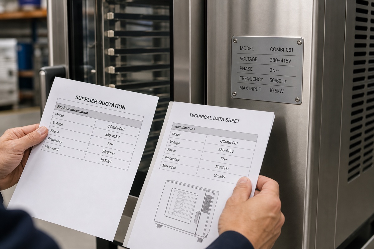 Illustrative model-release check: the quotation, technical data sheet and finished-unit data plate must match.