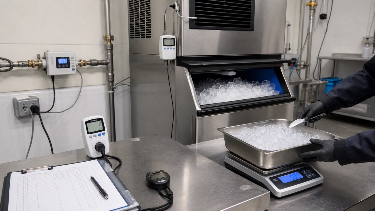 AI-generated DDNZ illustration of an auditable ice-machine test setup with air, water, power and harvested-ice measurements; not a real DDNZ test result.