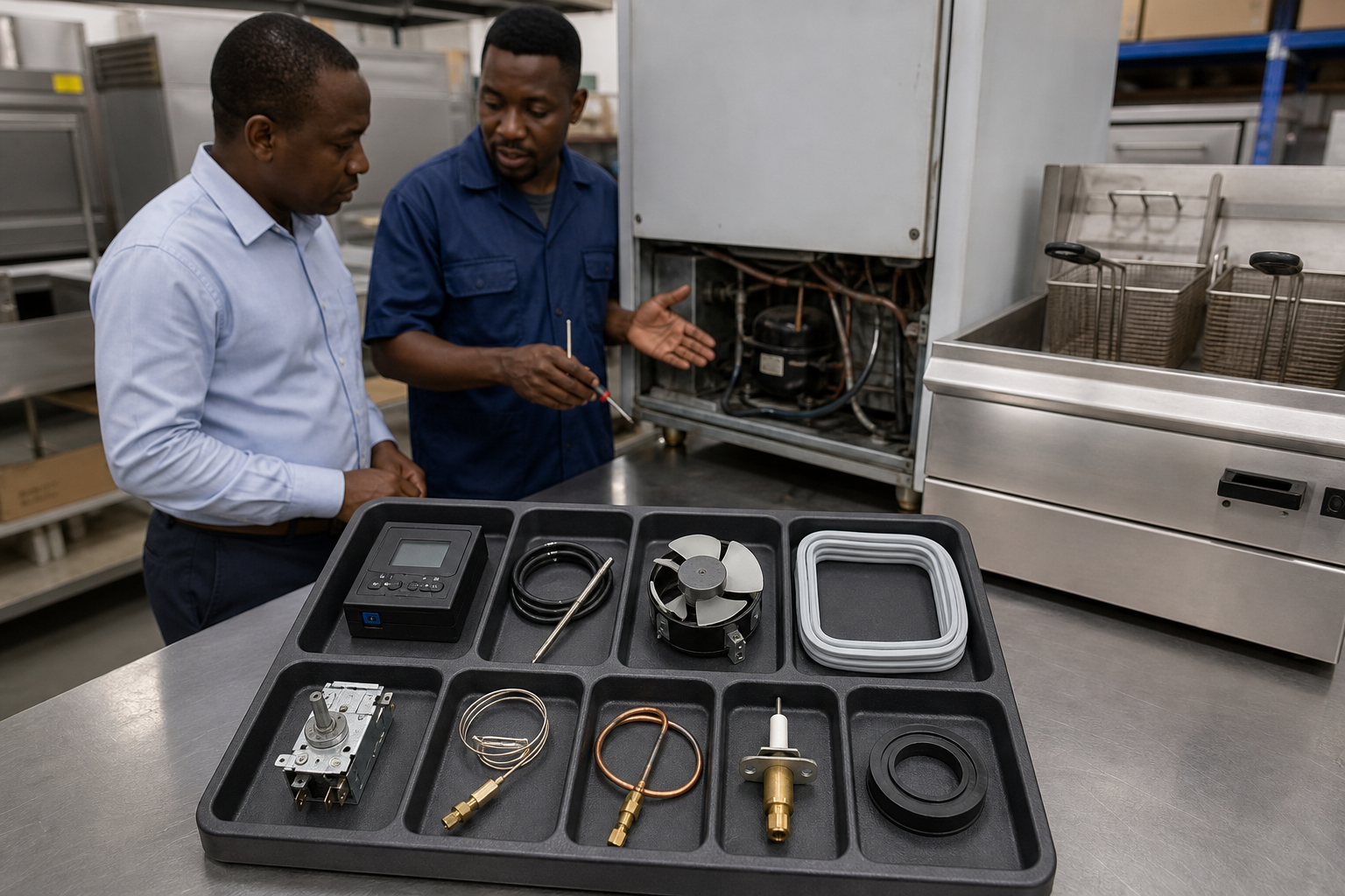 Illustrative DDNZ-commissioned image: shared controllers, probes, fan motors, gaskets, thermostats and gas-service parts can reduce after-sales complexity. The final kit must be matched to the ordered models.