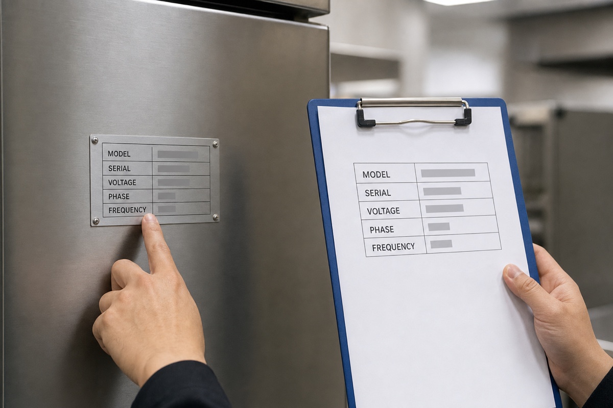 AI-generated illustrative image: Match the model, serial, voltage, phase and frequency across the nameplate and model-specific document. Values are intentionally obscured; this is not inspection evidence.