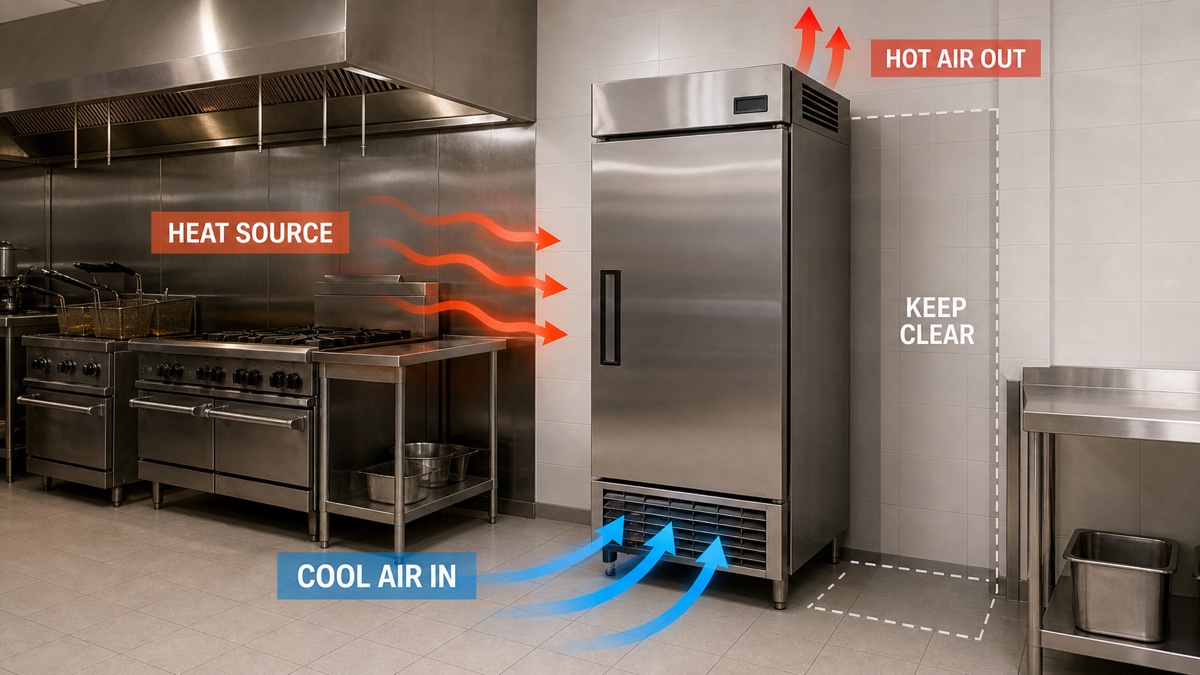 AI-generated conceptual airflow illustration: Keep the condenser intake and hot-air exhaust clear and assess nearby kitchen heat sources. Follow the exact manufacturer installation manual; this is not a clearance specification.