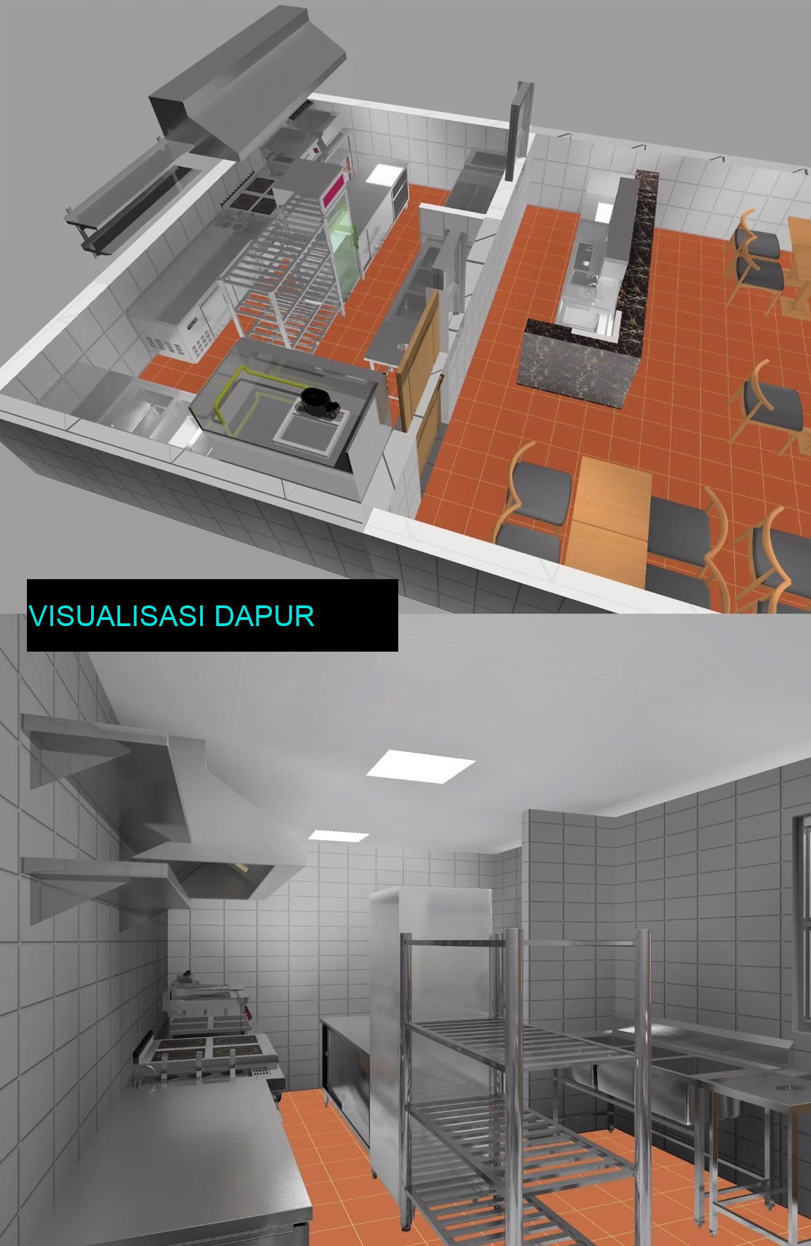 Visualisasi desain dapur restoran kecil dan bar minuman