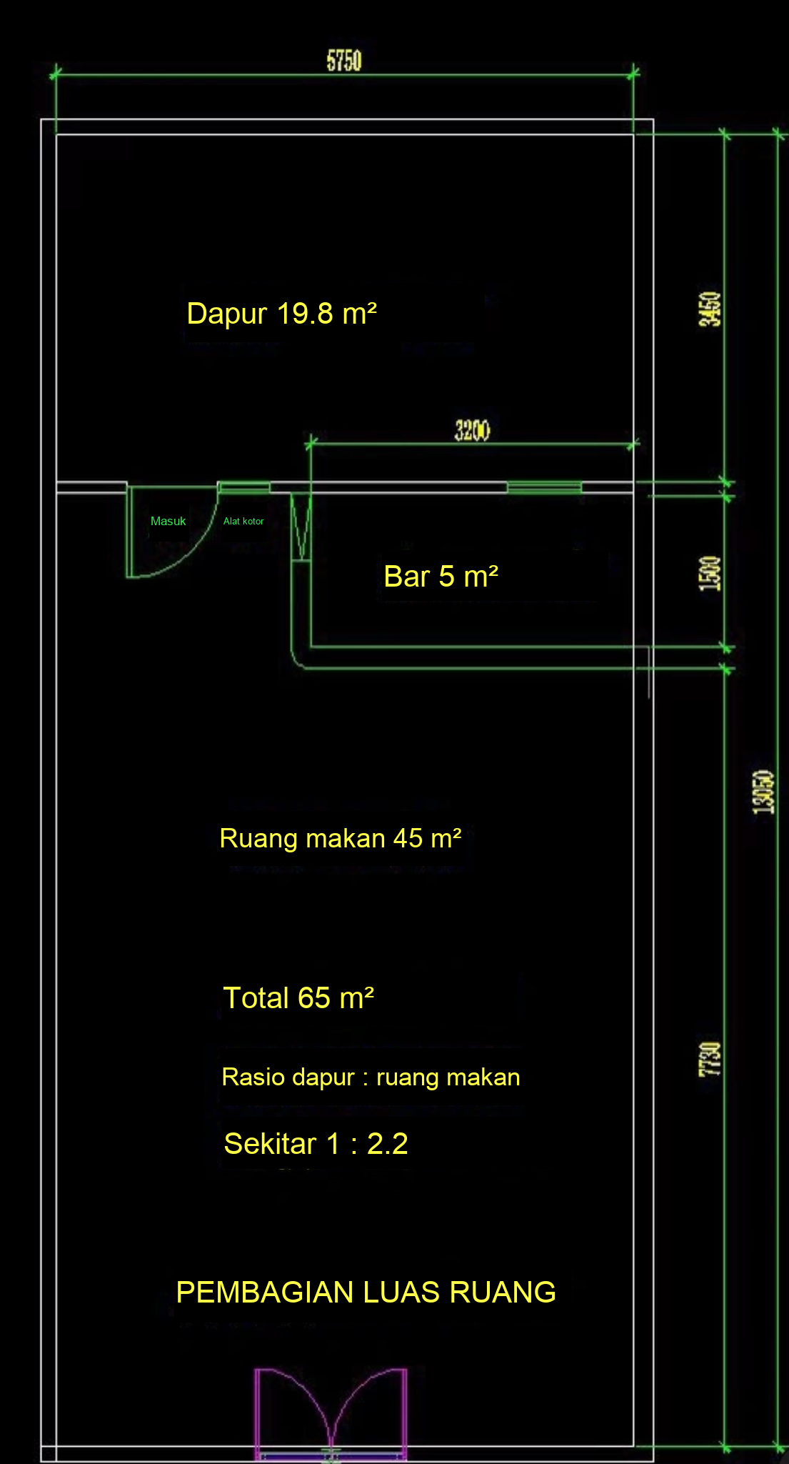 Pembagian ruang dapur, bar dan area makan