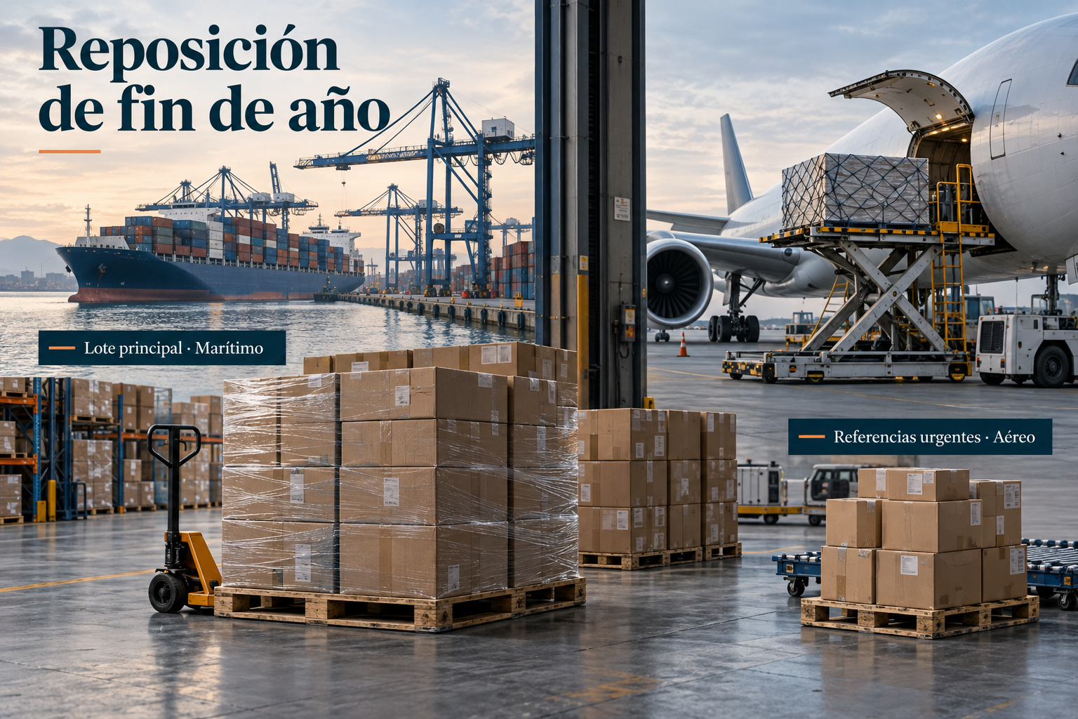 Reposición de fin de año: lote principal por mar y referencias urgentes por aire.