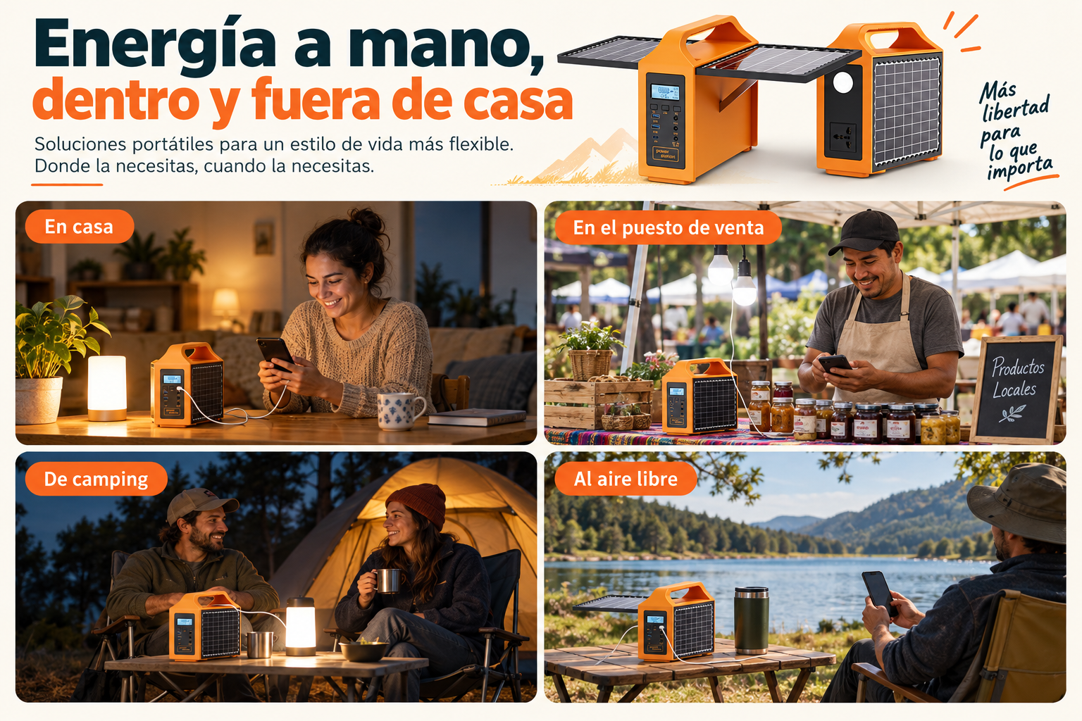 Usos de la estación portátil en casa, en un puesto de venta, de camping y al aire libre.