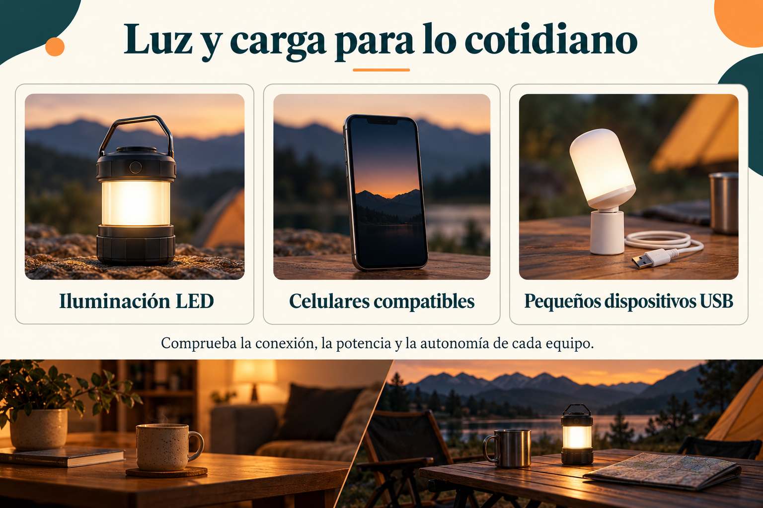Iluminación LED, celulares compatibles y pequeños dispositivos USB.