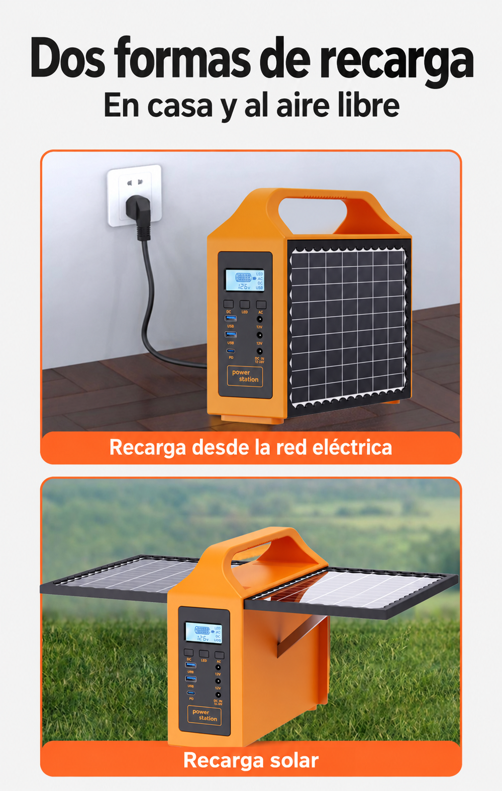 Recarga desde la red eléctrica y recarga solar del equipo naranja.