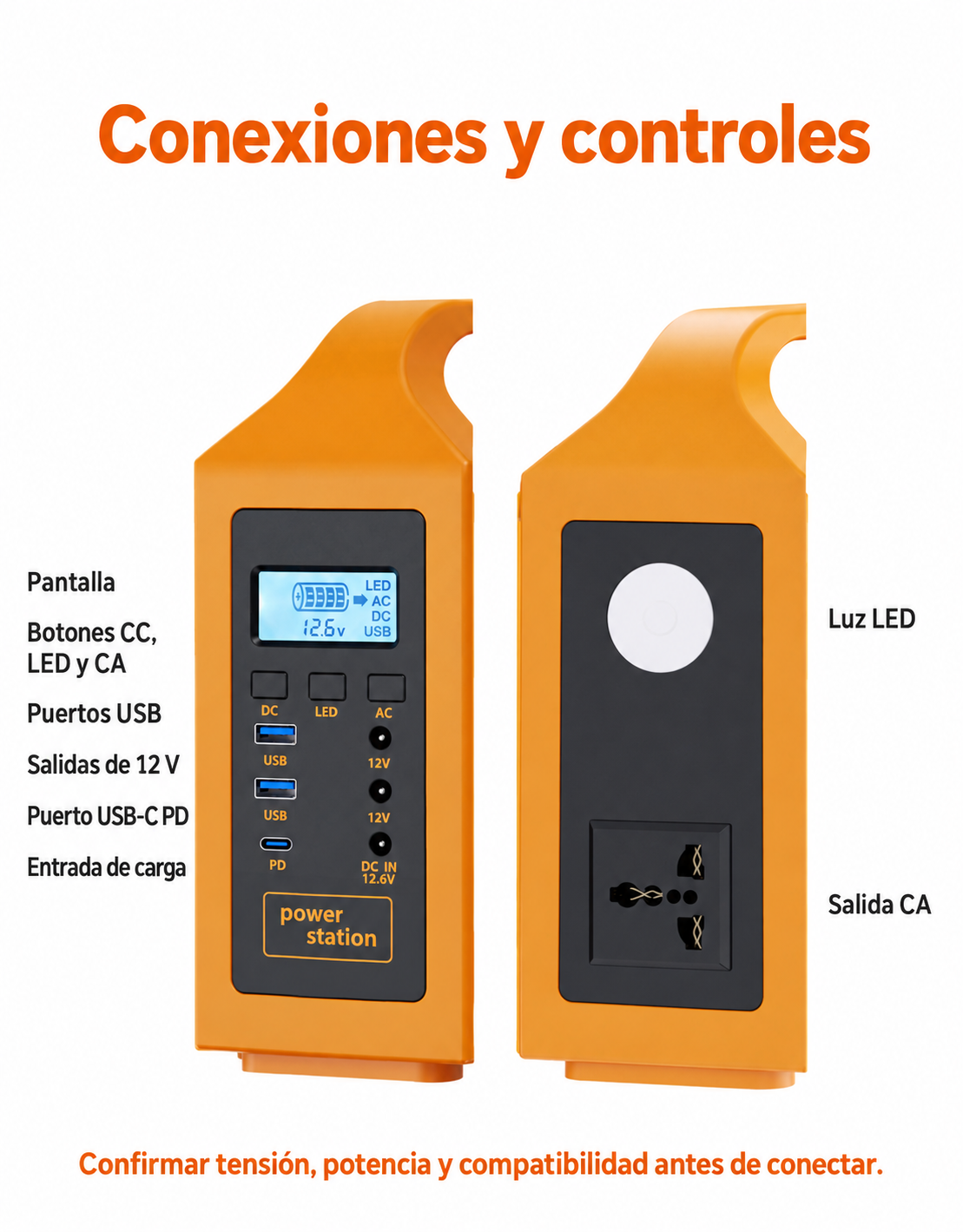 Conexiones y controles del modelo naranja, con texto en español.