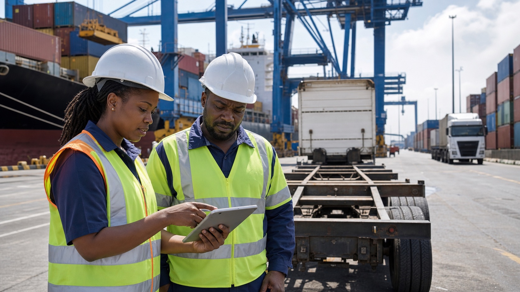 Durban terminal and inland-dispatch staff coordinating container collection beside terminal lanes