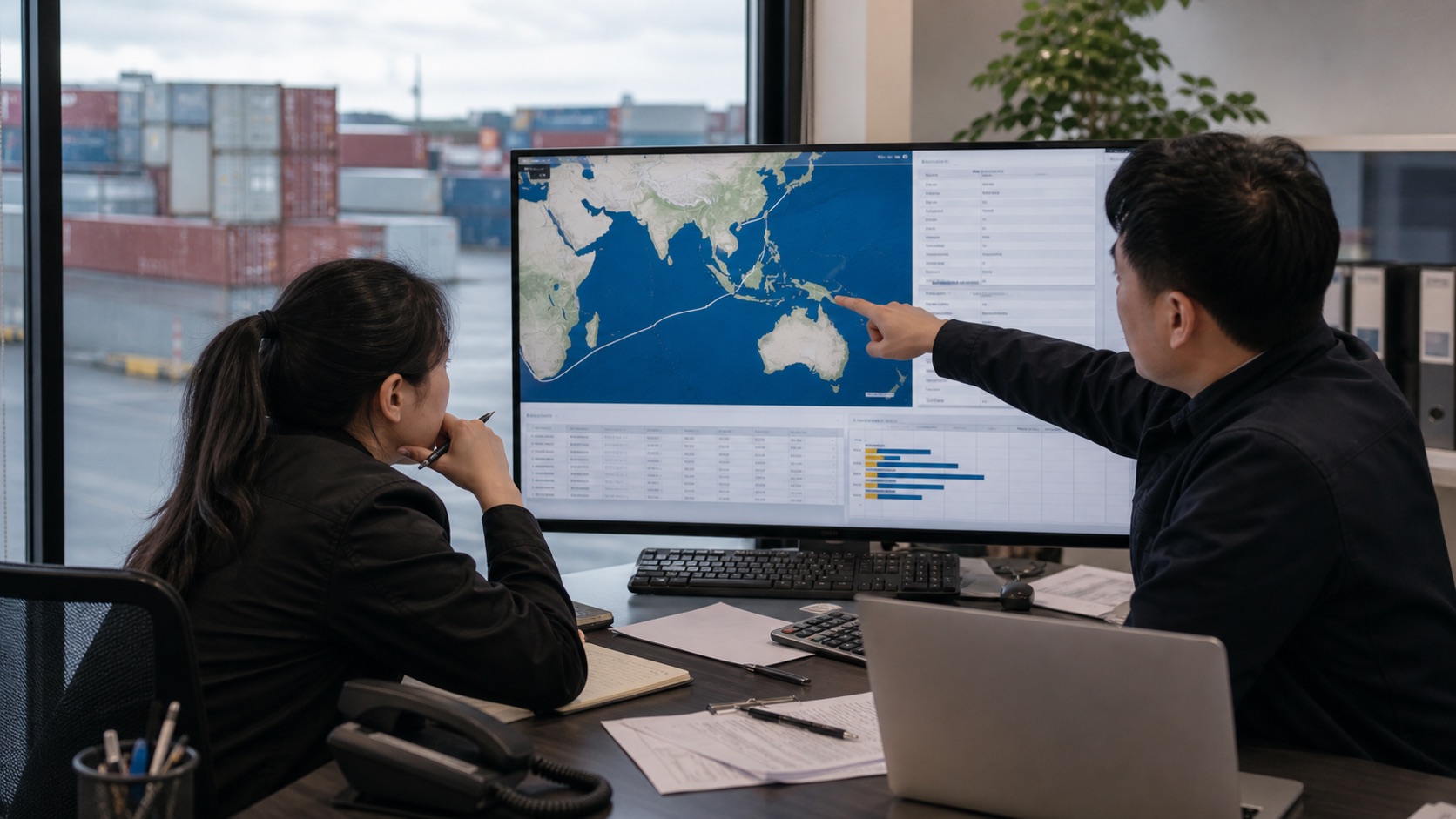 China freight coordinators comparing sailing, terminal and total-cost factors before booking