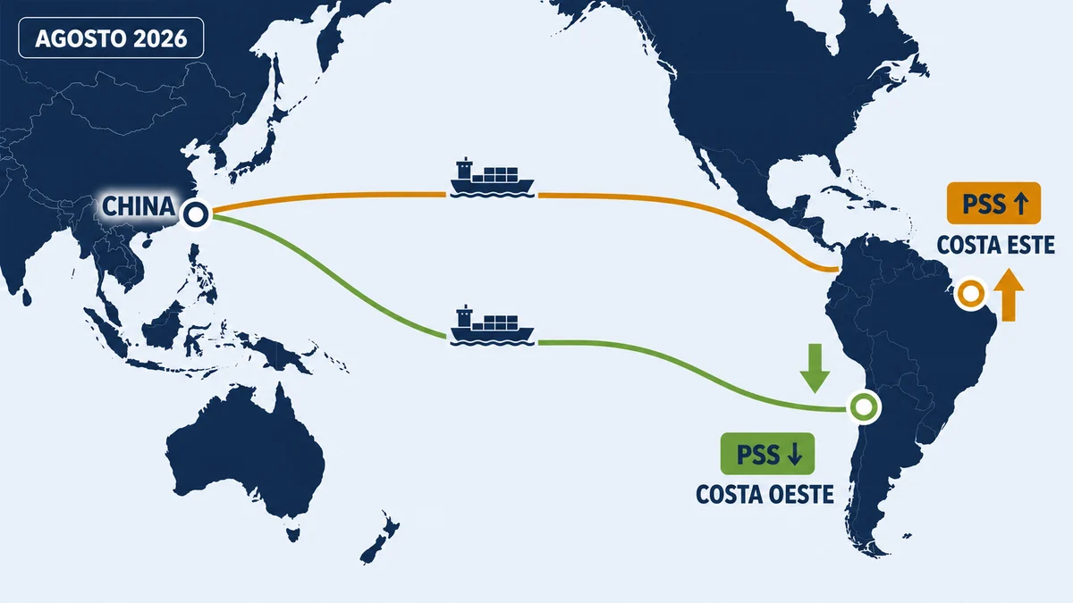 Dos rutas marítimas desde China hacia las costas oeste y este de América Latina con señales opuestas del PSS