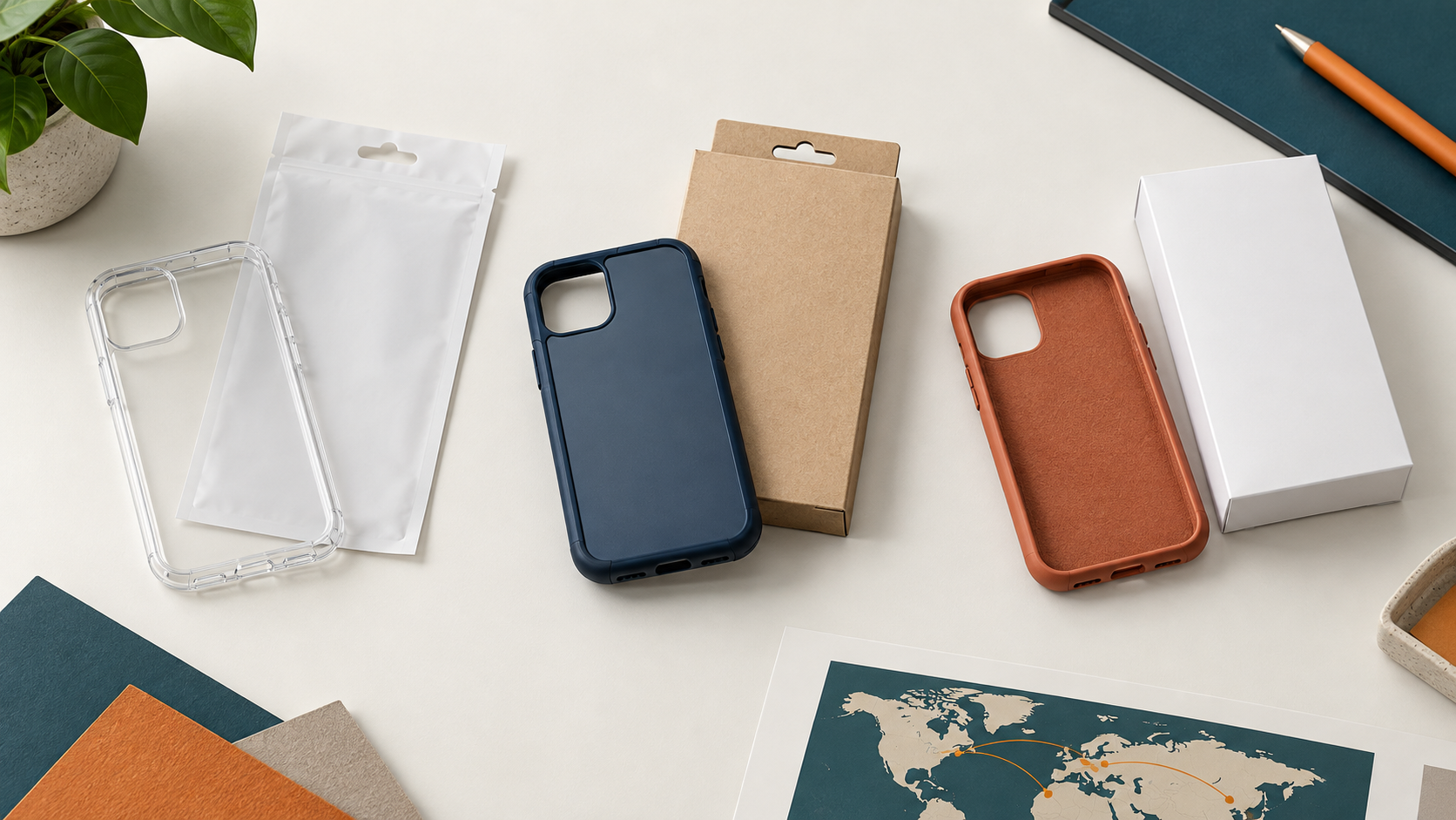 Muestras de fundas y distintas presentaciones de empaque sobre una mesa de compra