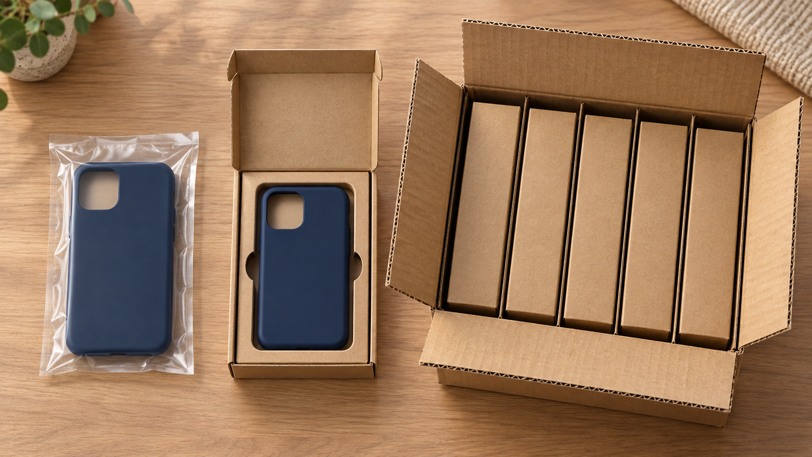 La misma funda en bolsa, caja de venta y caja de transporte