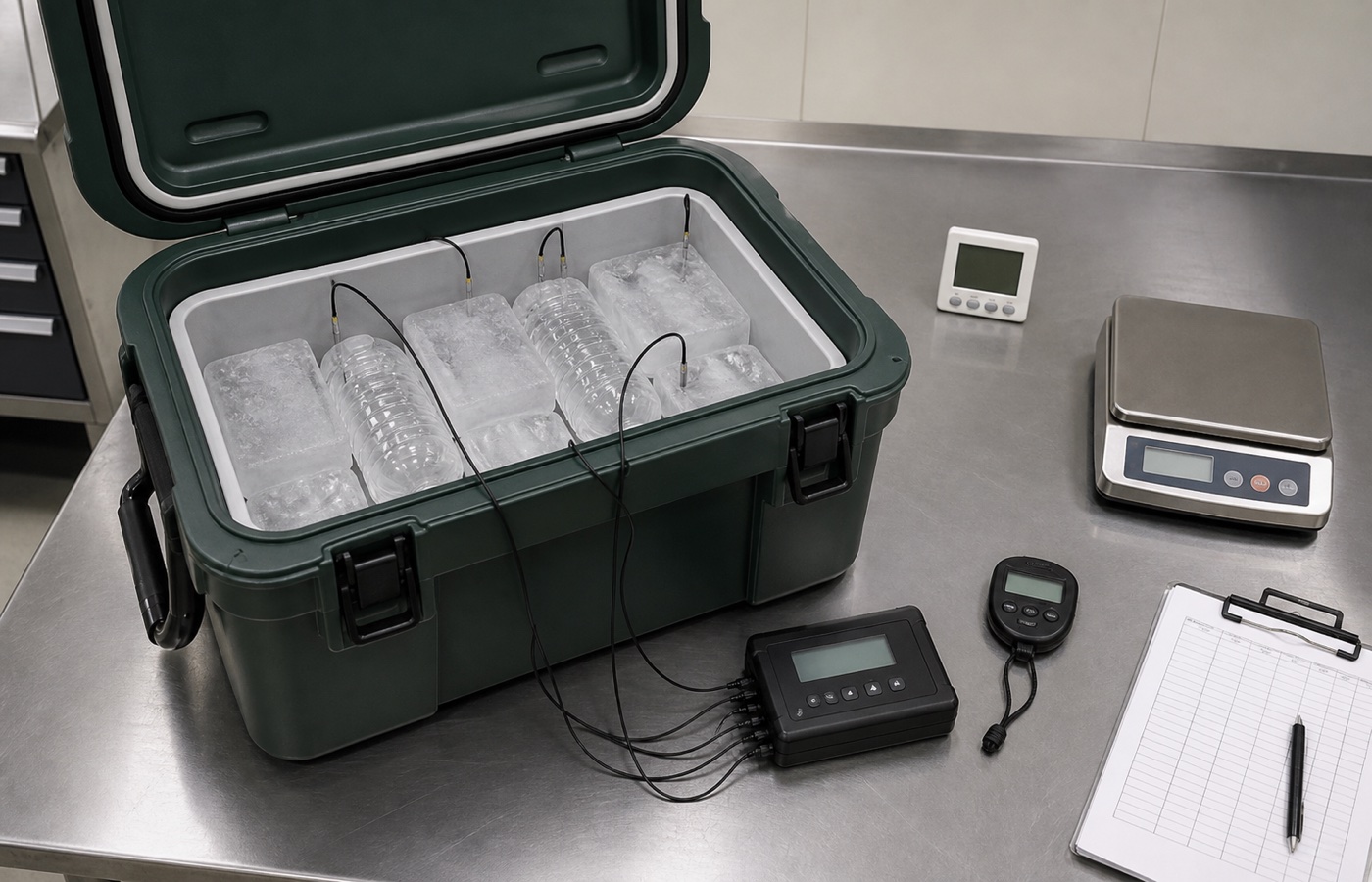 Controlled cooler-box test with measured ice, payload, temperature probes, room thermometer, timer and opening log.