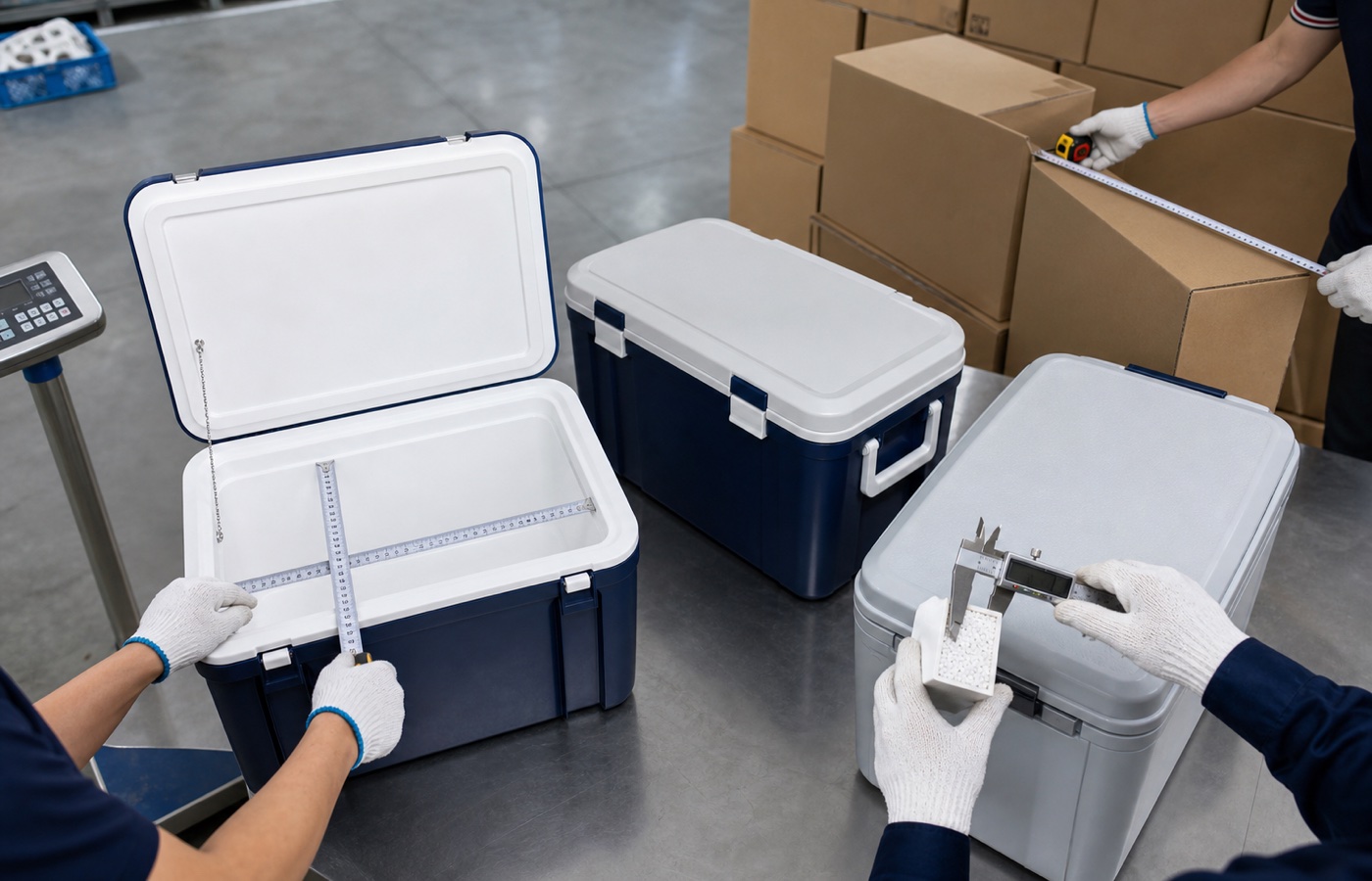 Cooler-box usable volume and packed-CBM inspection with internal dimensions, export cartons and weighing equipment.