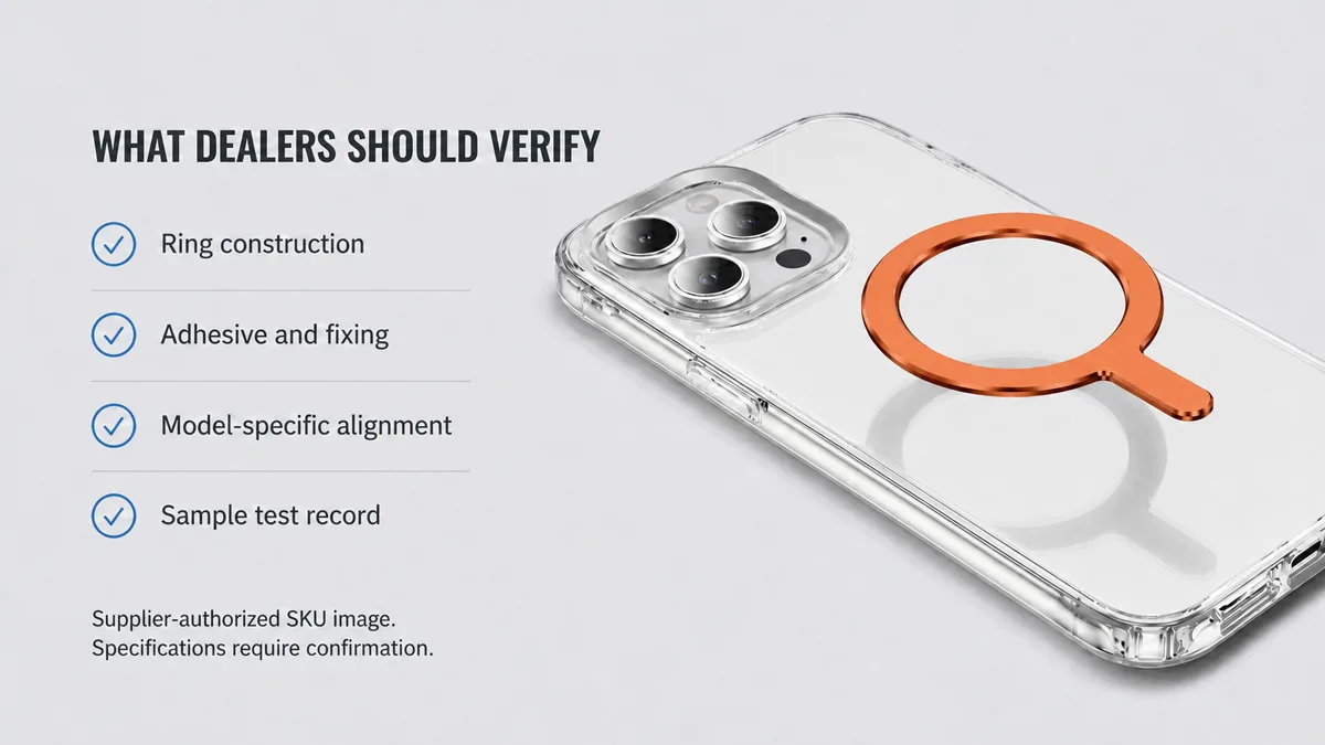 Dealer checklist beside a supplier-authorized magnetic-ring phone case SKU