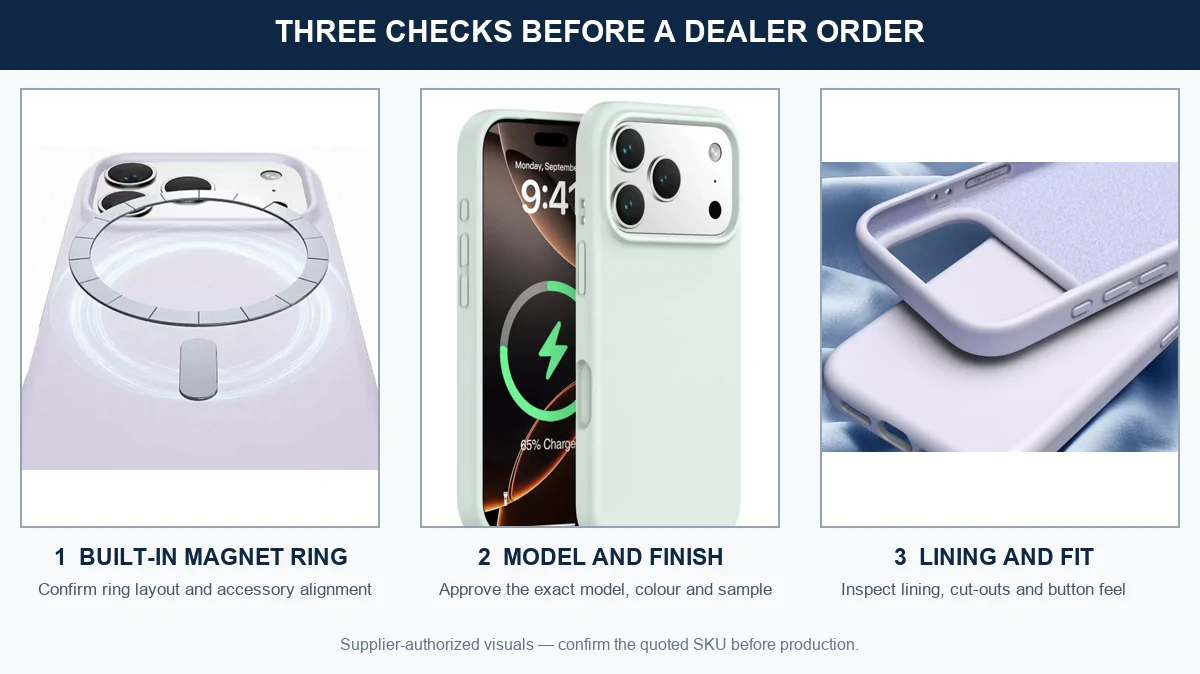 Three supplier-authorized views of a MagSafe-compatible phone case showing its built-in magnet ring, product finish and microfiber lining