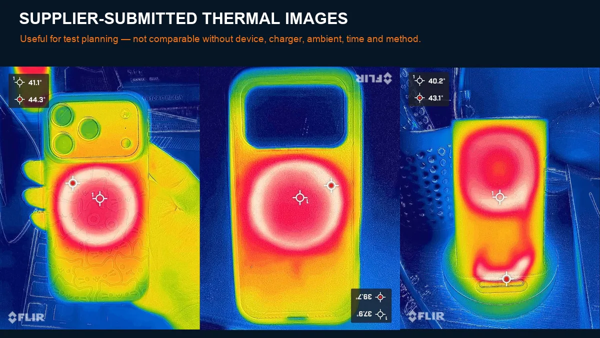 Supplier-submitted thermal camera frames showing heat around phone-case charging areas