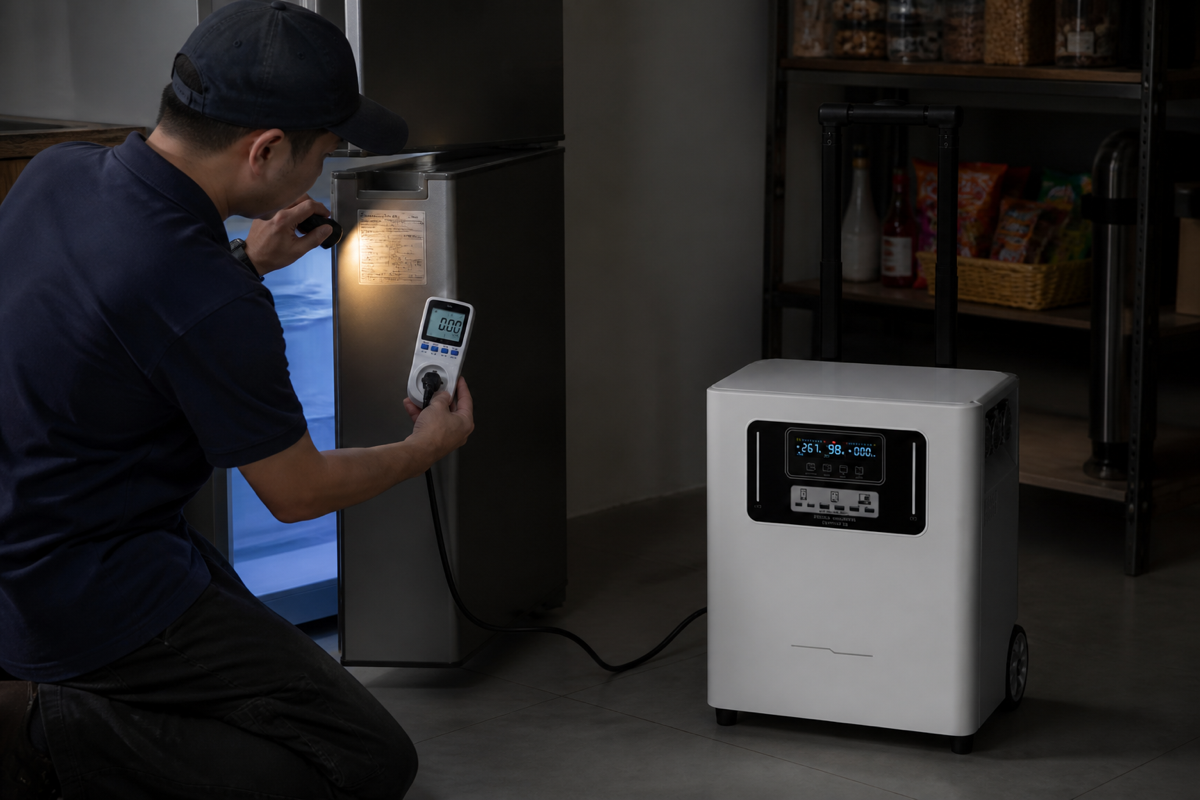 DDNZ-commissioned scenario image based on the LXYT product material supplied in the user's PDF catalogue. The unit is shown operating with its display lit; verify appliance running load and start-up demand before sizing backup power. This is not a performance test result.