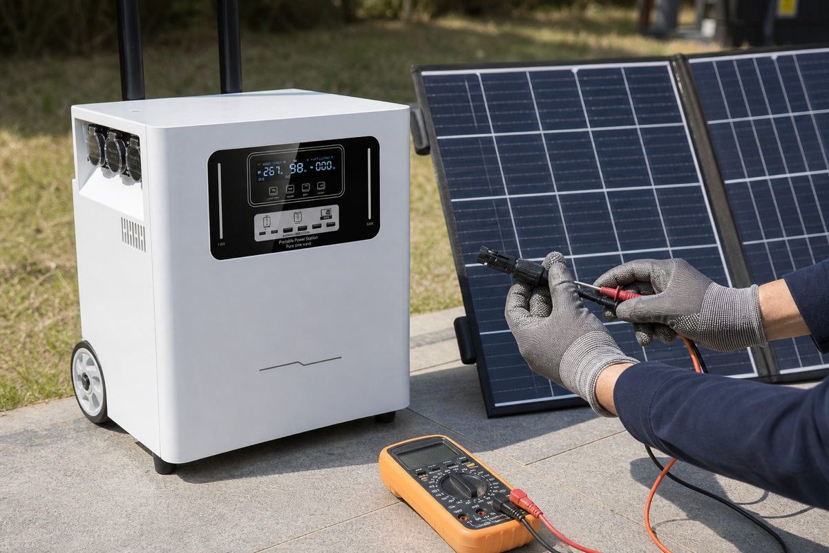 DDNZ-commissioned scenario image based on the LXYT product material supplied in the user's PDF catalogue. The unit is shown operating with its display lit; check voltage, current, polarity and connector compatibility before solar connection. This is not a model-specific wiring instruction.