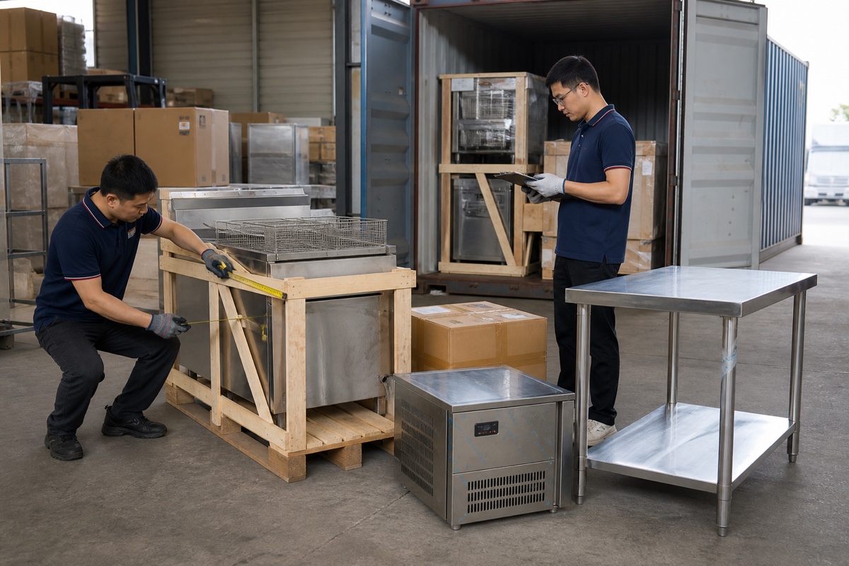 Mixed-container consolidation for a Turkish commercial kitchen equipment dealer. Every SKU needs its own model, packing and inspection record.