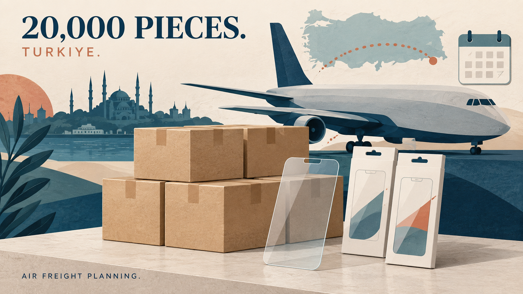 Air-freight planning for a 20,000-piece replenishment. AI-generated illustration; not a shipment photograph.
