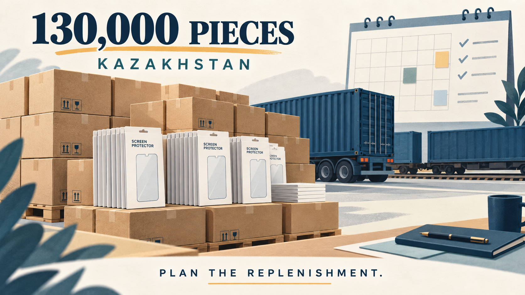 Planning a 130,000-piece replenishment for Kazakhstan. AI-generated illustration; not an actual transport route.