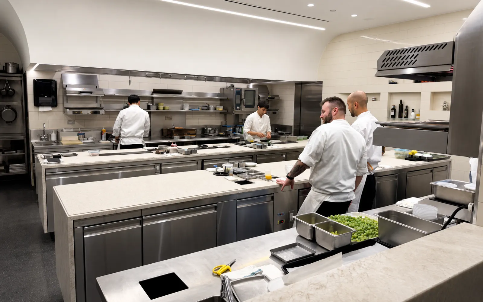 Chefs working in a coordinated stainless commercial kitchen