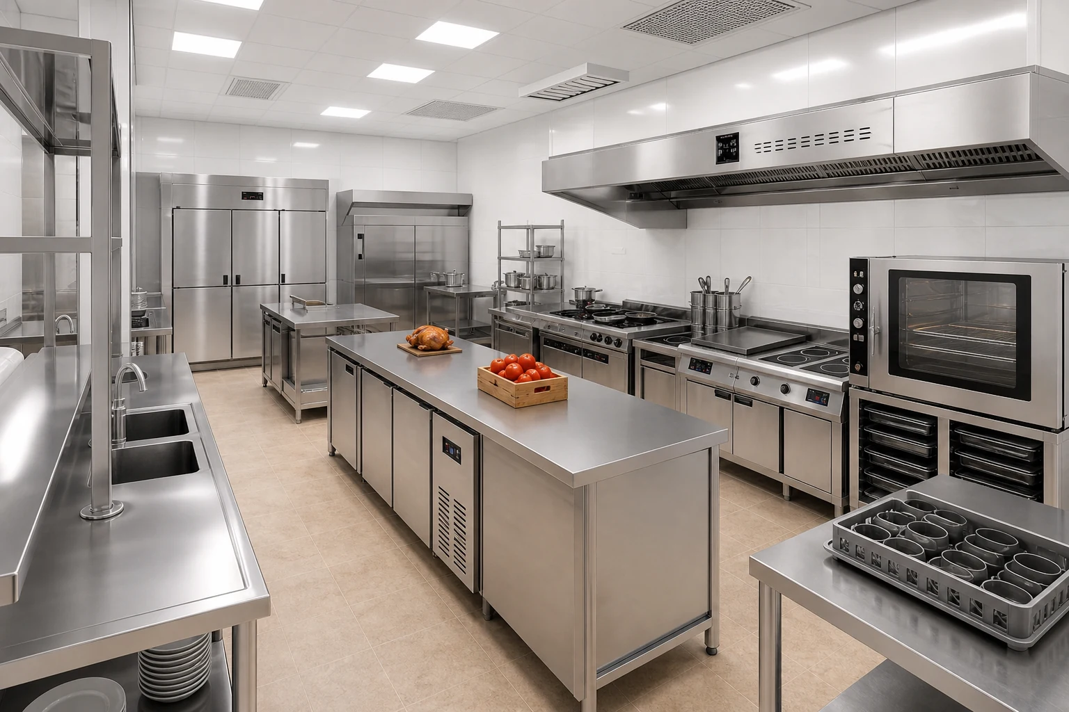 Commercial kitchen project with stainless cooking, preparation, washing and refrigeration zones