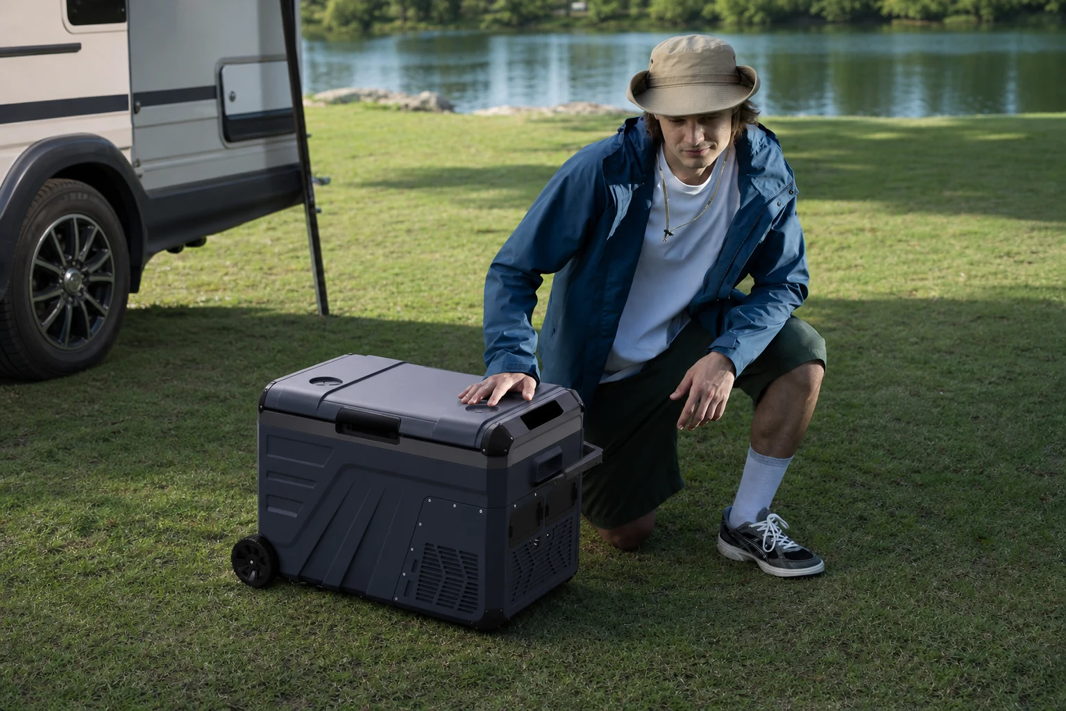Portable outdoor refrigerator beside a camper in a lakeside setting