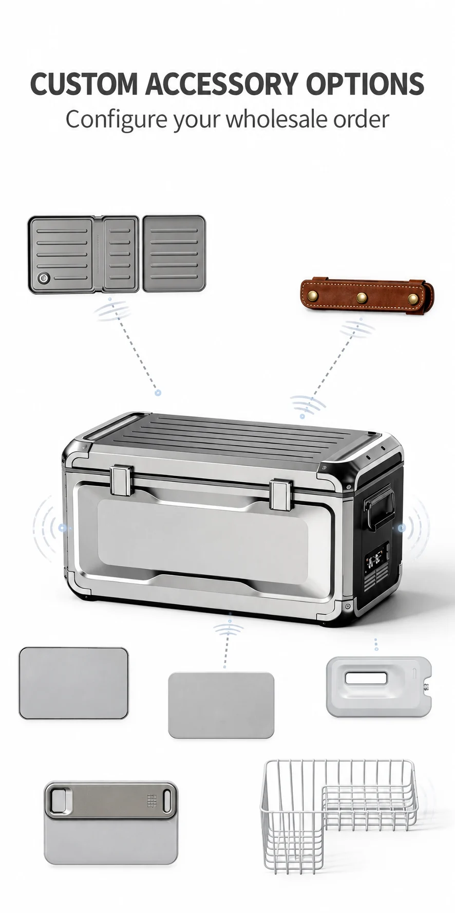 Unbranded aluminium fridge with optional silicone pads, leather trim, nameplates, ice brick and baskets
