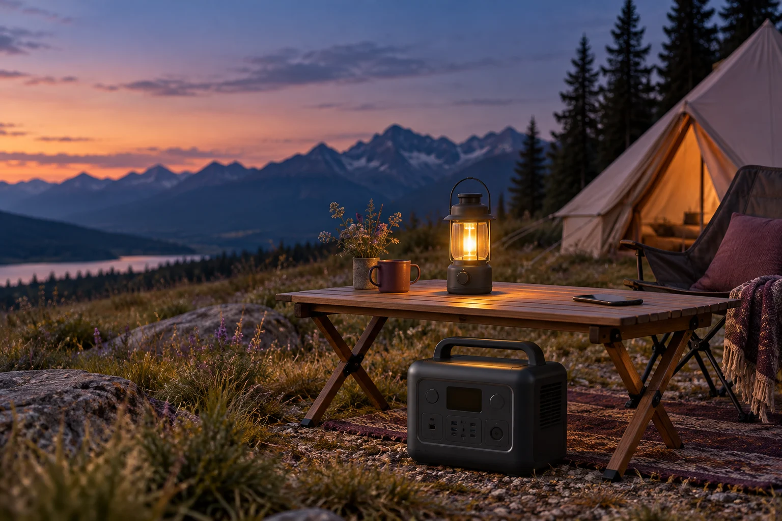 Illustrated camping scene with a lantern, phone and unbranded power station at dusk